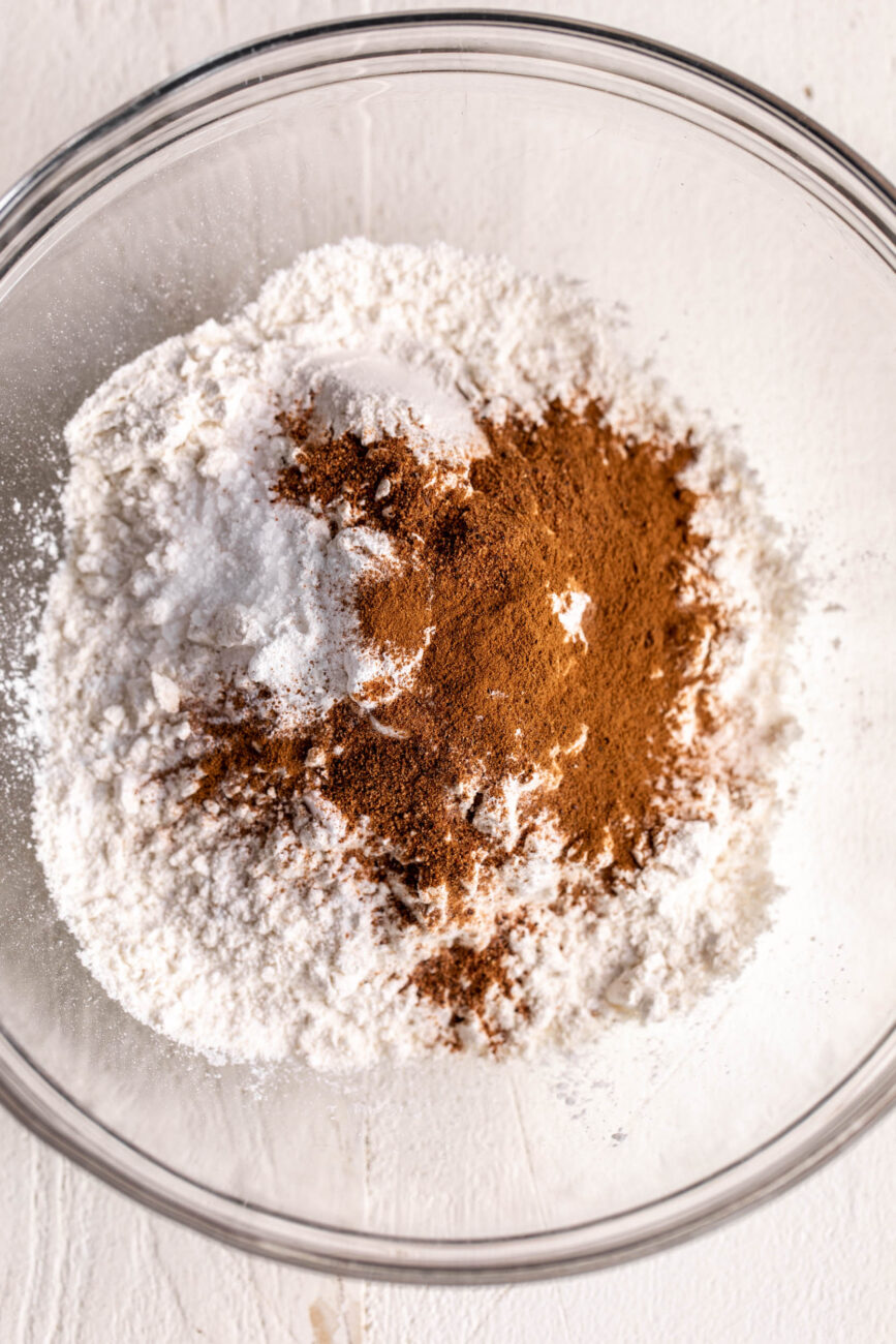 mixing the dry ingredients for Spiced Apple Cider Cake.