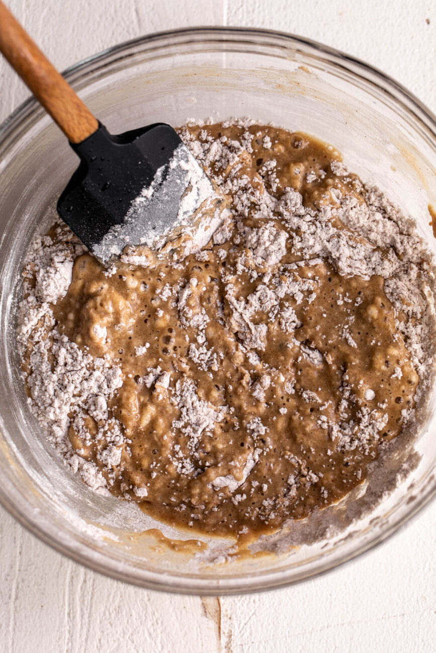 mixing the batter for Spiced Apple Cider Cake.