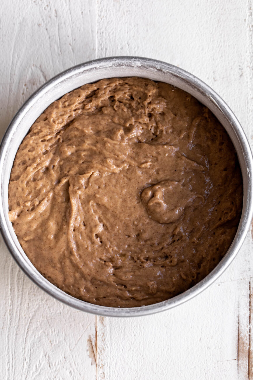 place the batter in a cake pan.