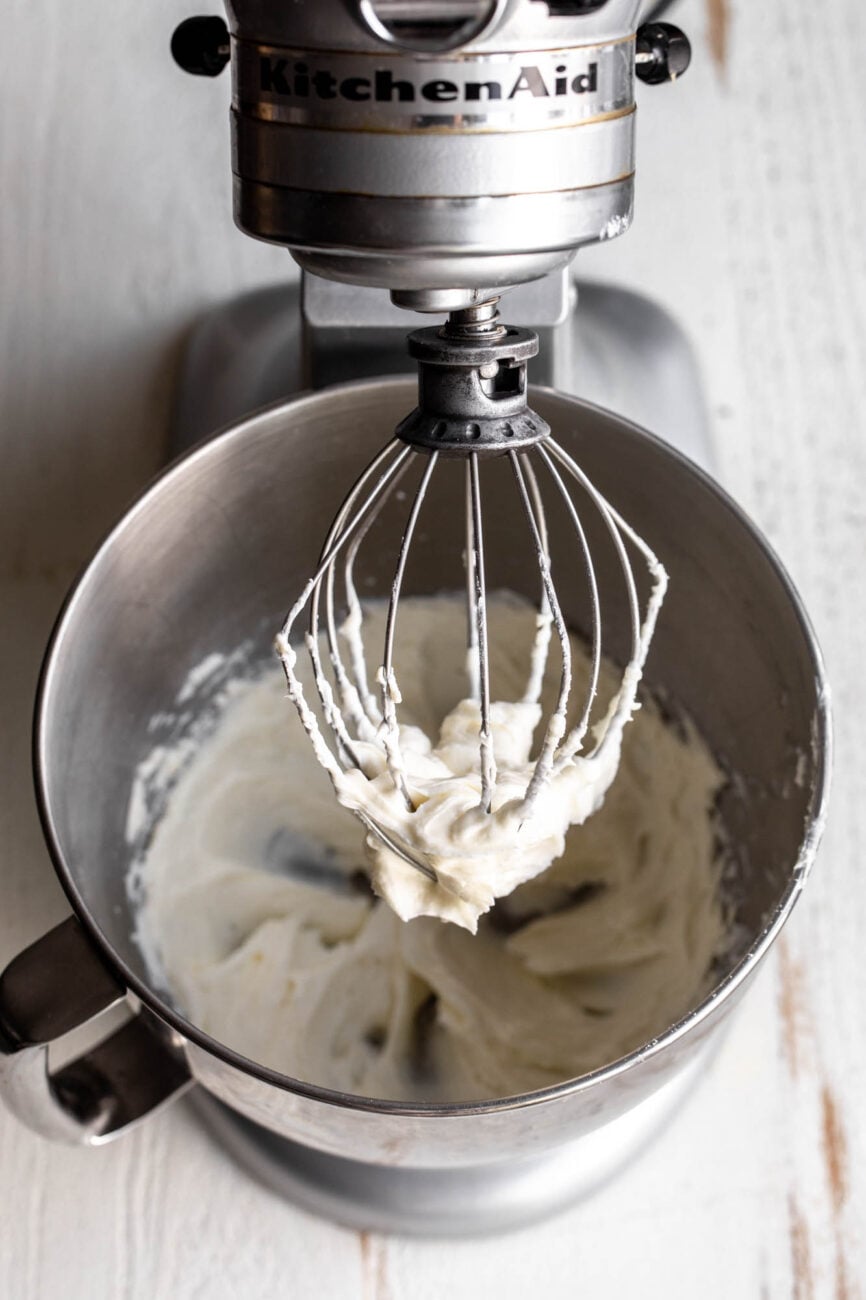 whipped cream cheese dip in stand mixer.
