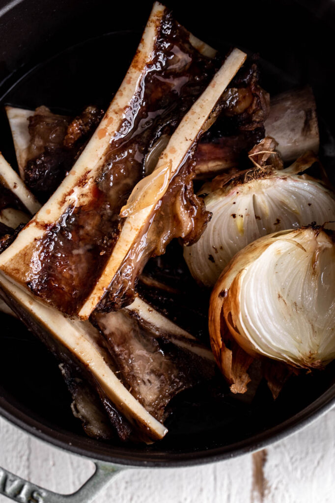 roasted bones and onions for beef stock