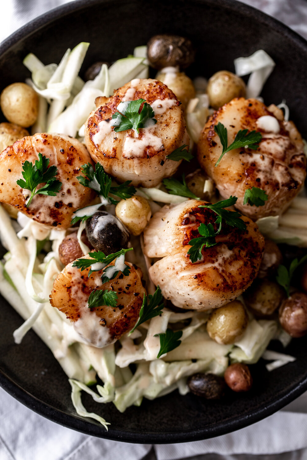 Seared Scallops with Green Apple Slaw.