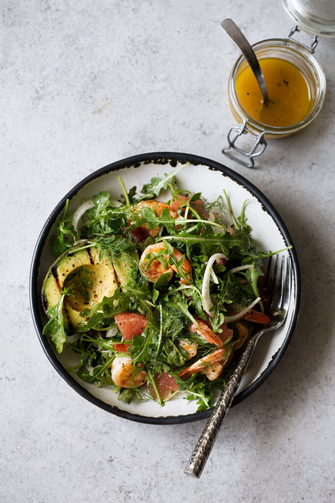 Grilled Avocado & Shrimp Salad with Winter Citrus Dressing