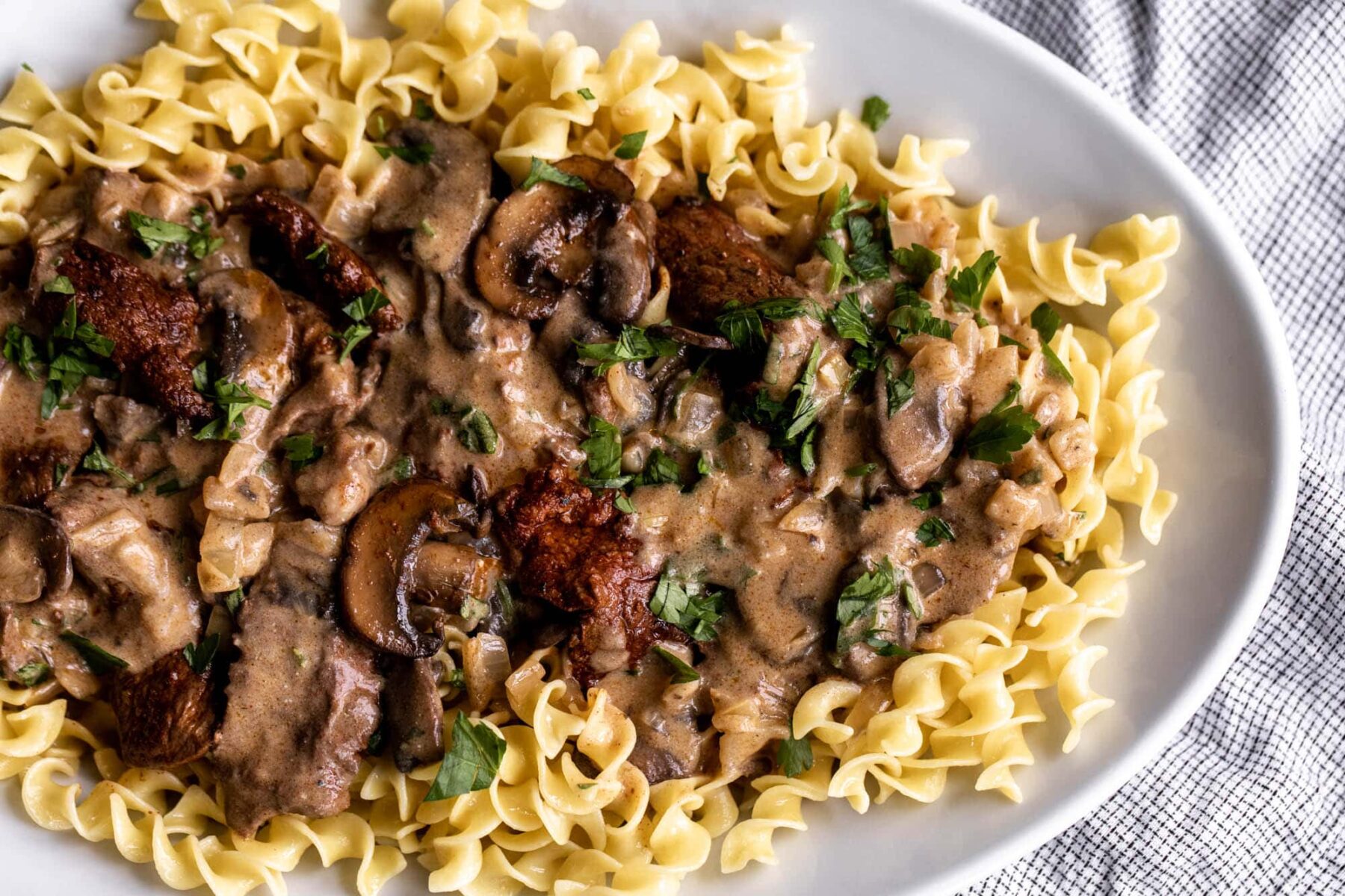beef stroganoff over egg noodles.