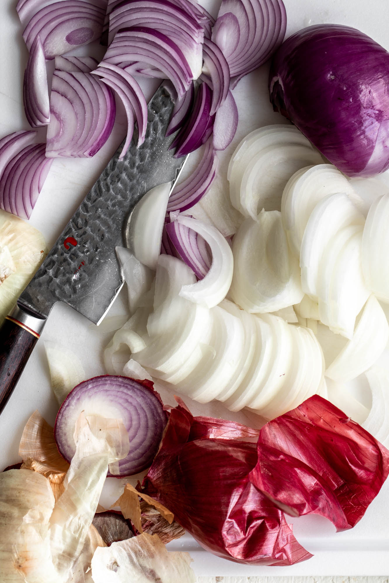 sliced yellow and red onions for caramelized onions.