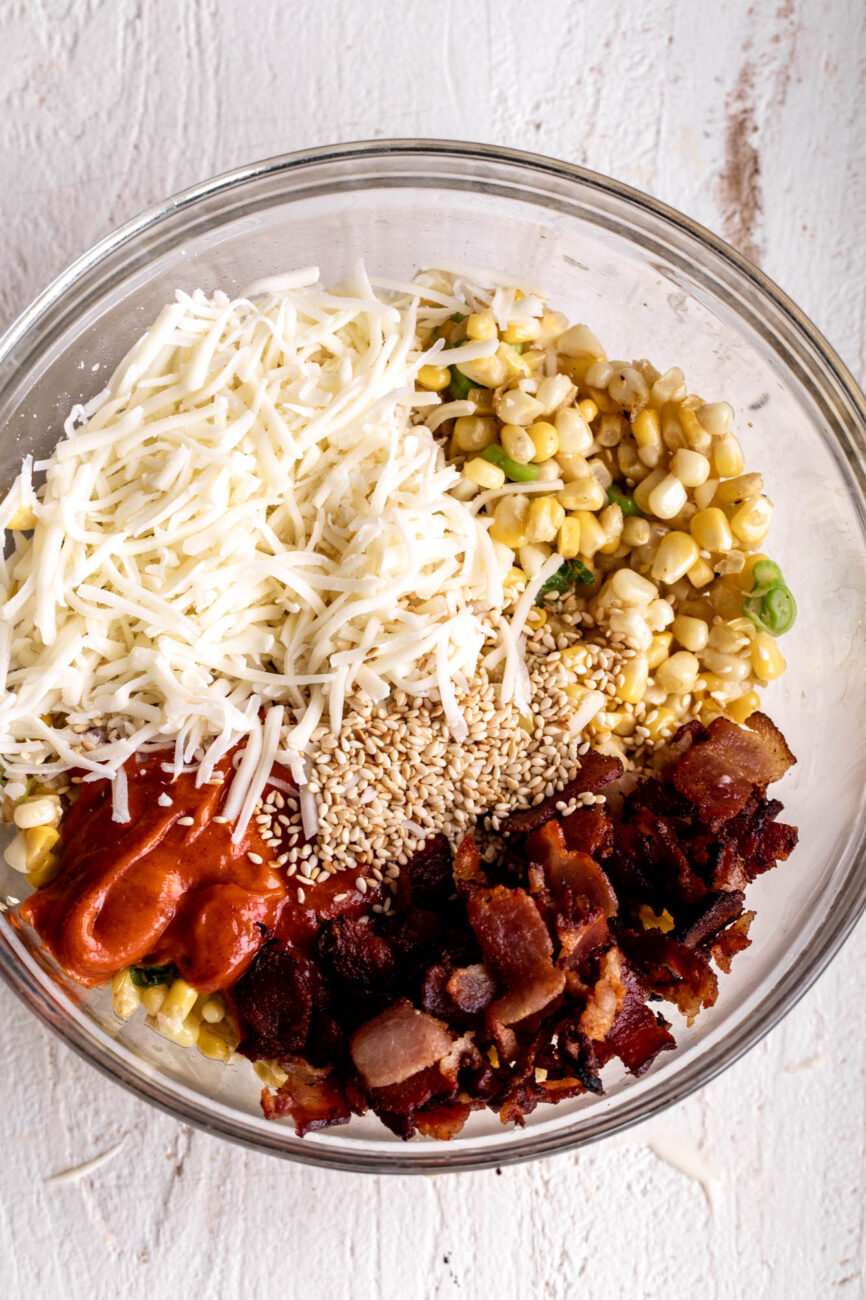 spicy cheese corn stirred together with bacon.