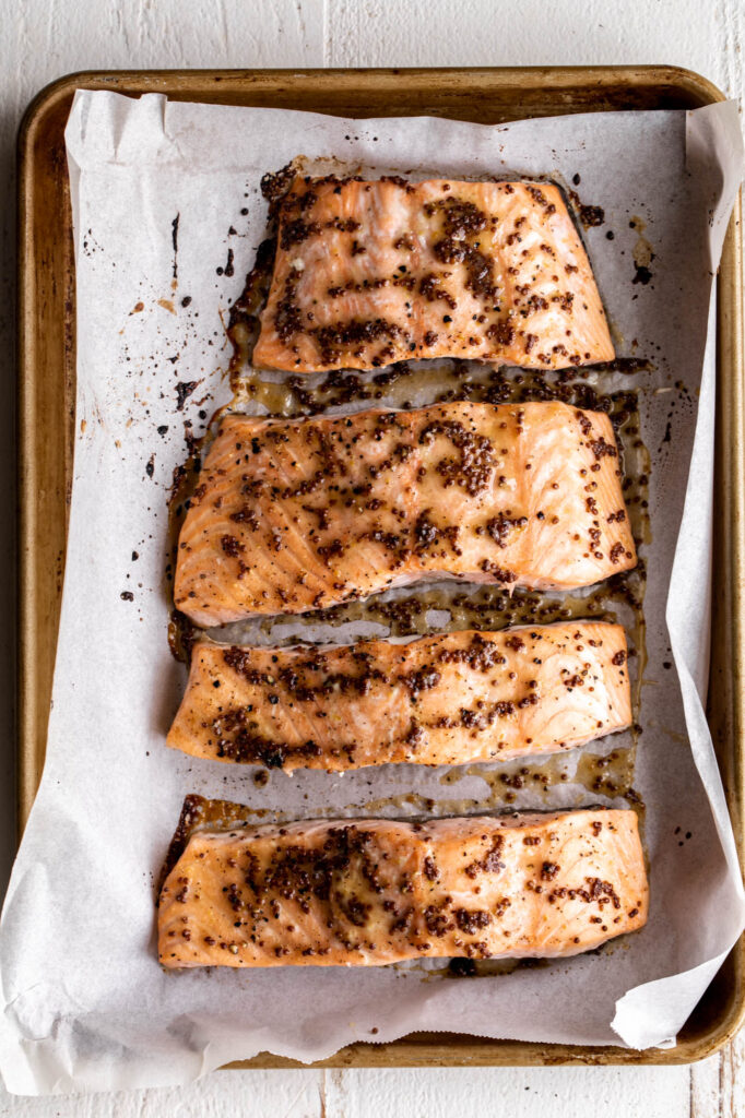 maple mustard salmon on a pan