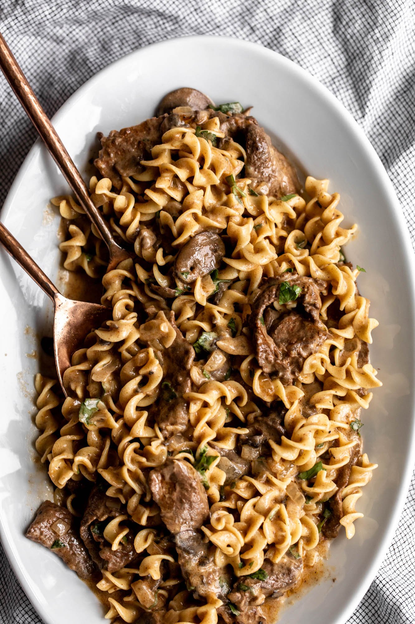 beef stroganoff over egg noodles one pot meal.