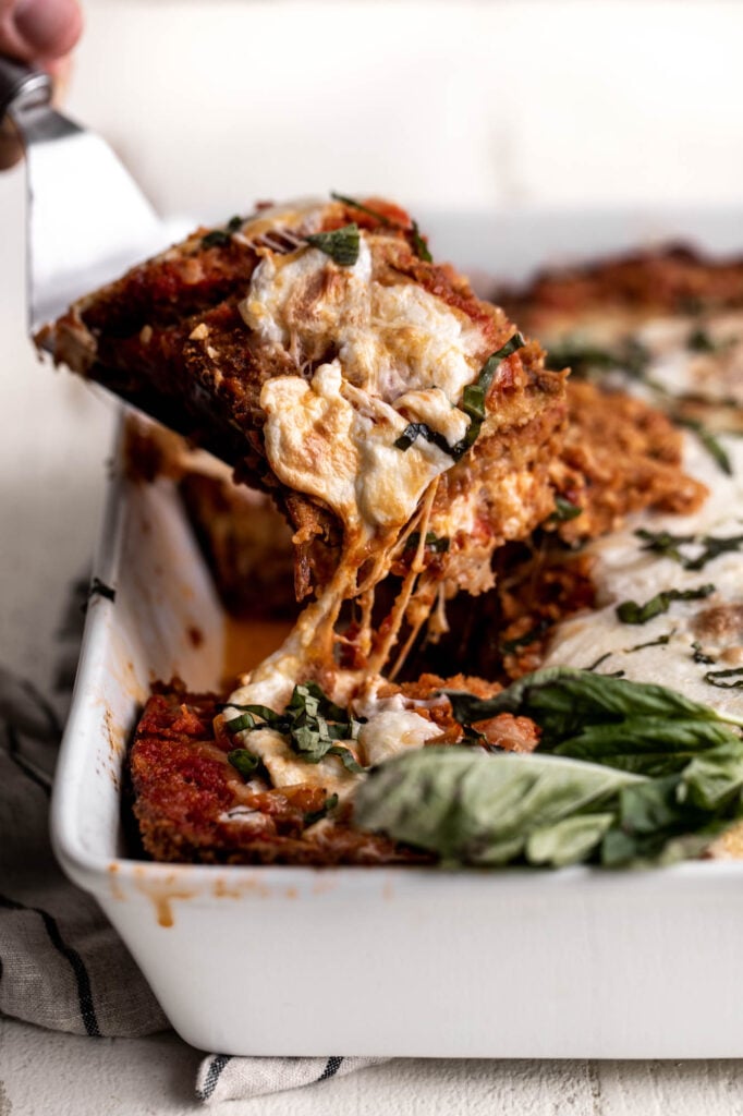 Casserole style eggplant parmesan slice lifed.