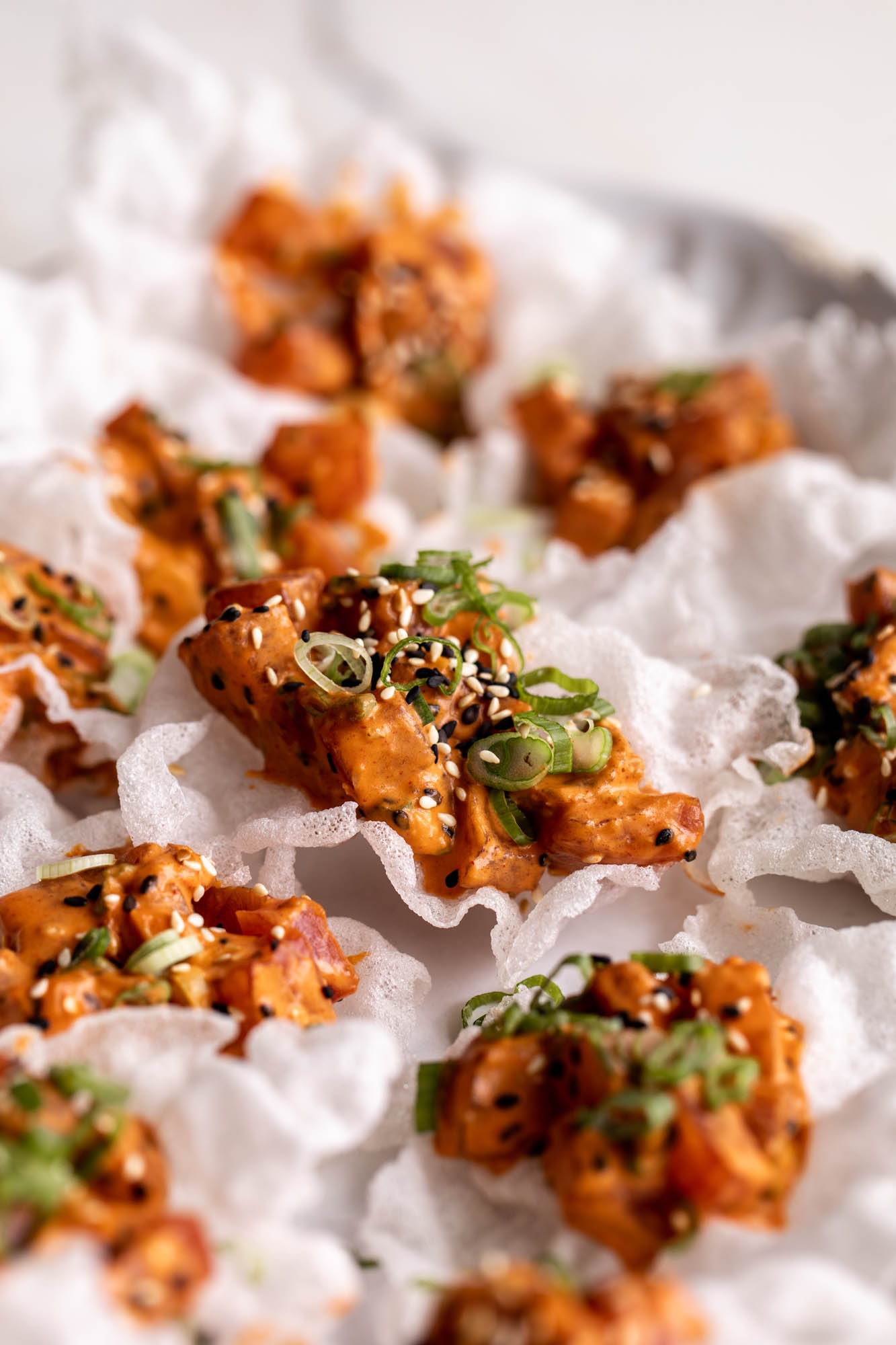 crispy fried rice chips with garlic gochujang tuna.