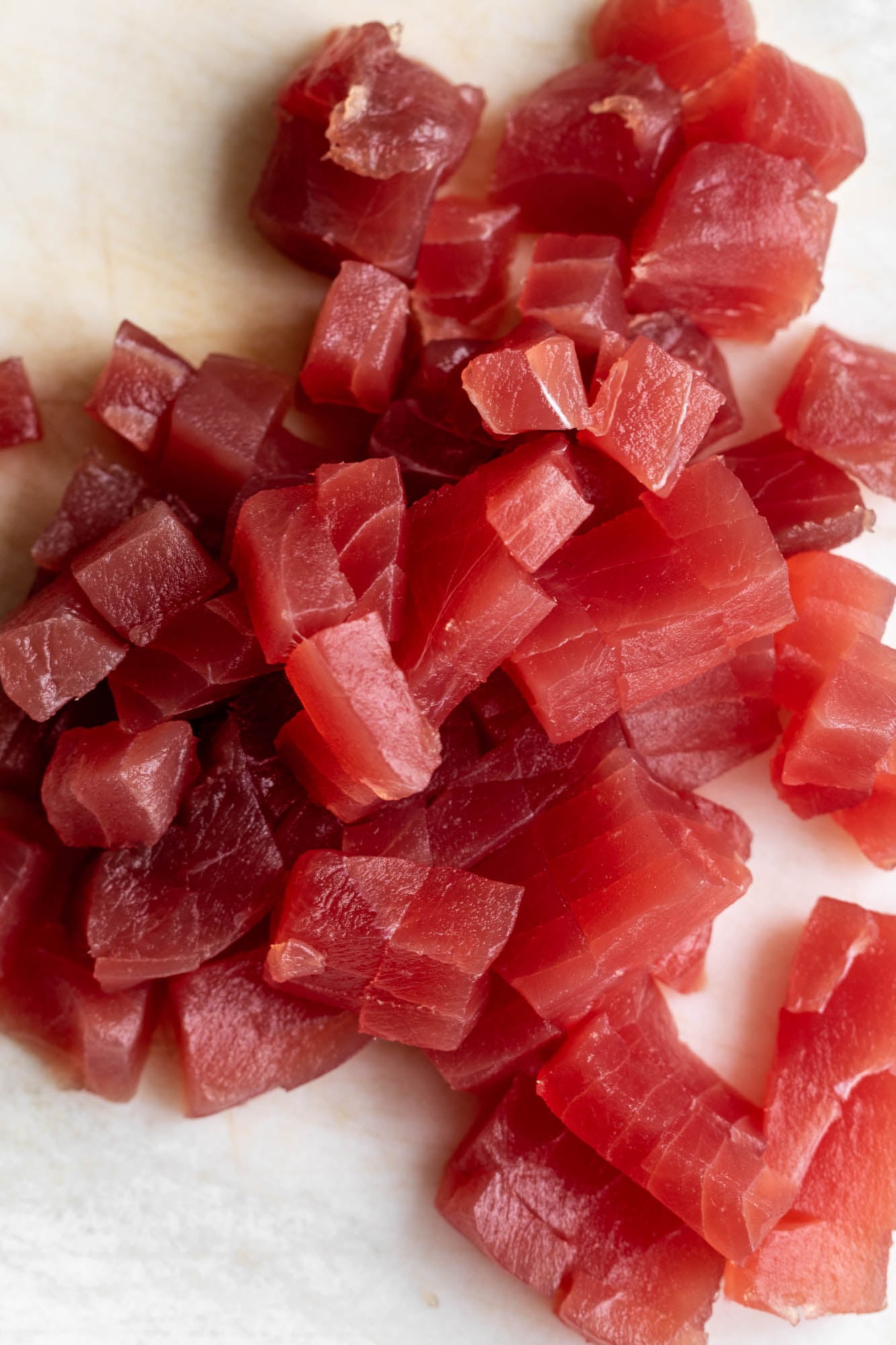 cubed raw tuna.