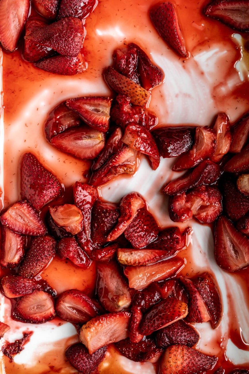 Roasted Strawberries in pan.