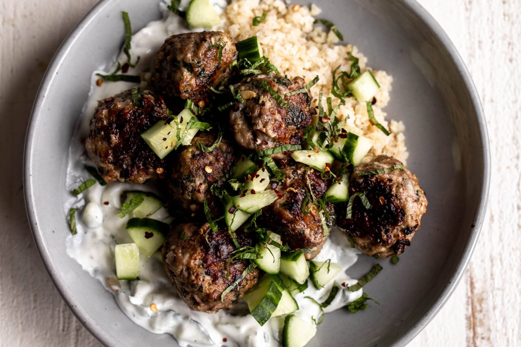 spring lamb meatballs with tzatziki and bulger.