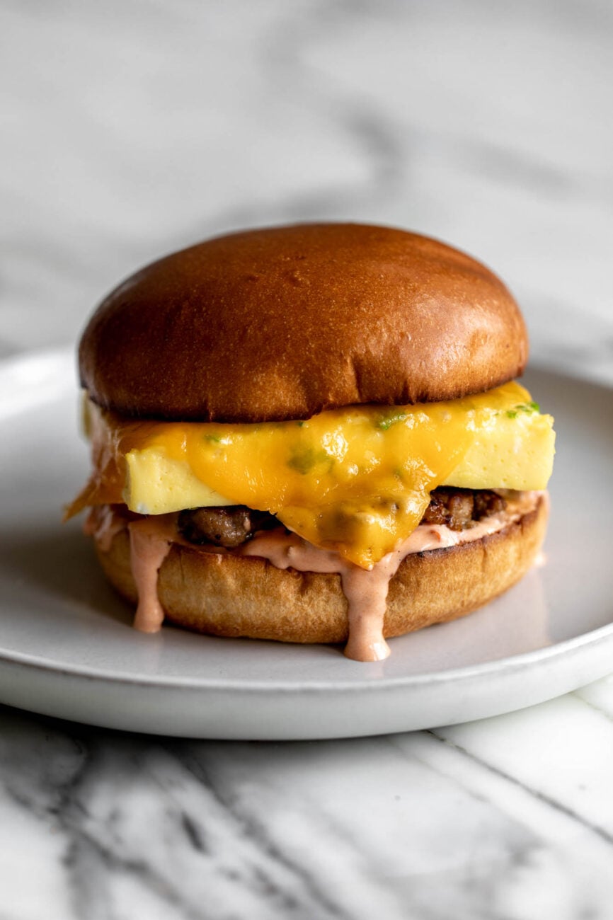 steamed egg patty sandwich with harissa aioli.