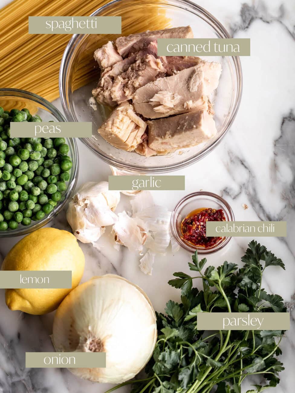 canned tuna pasta labeled ingredient photo.