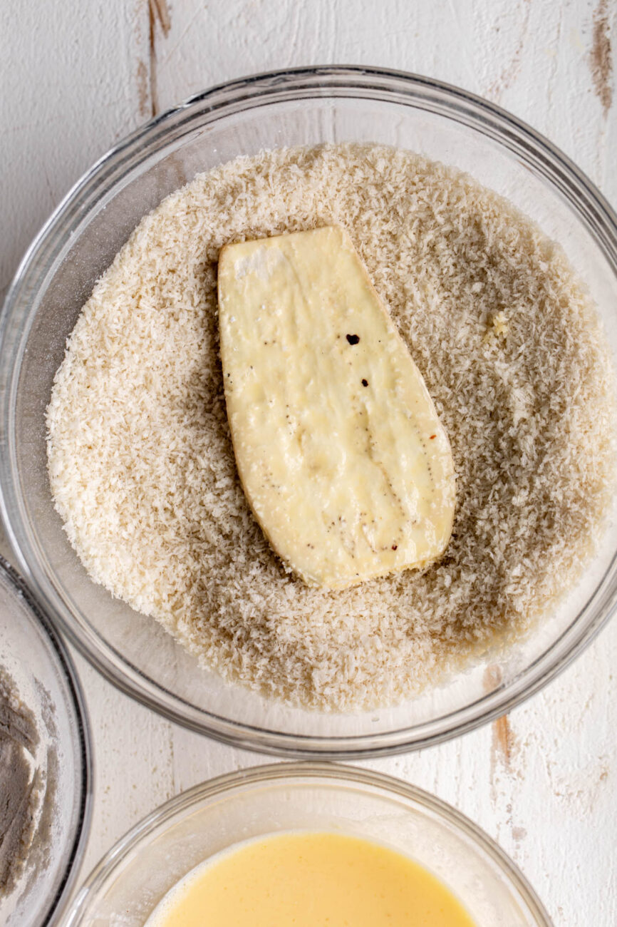 dredged eggplant in breadcrumbs.
