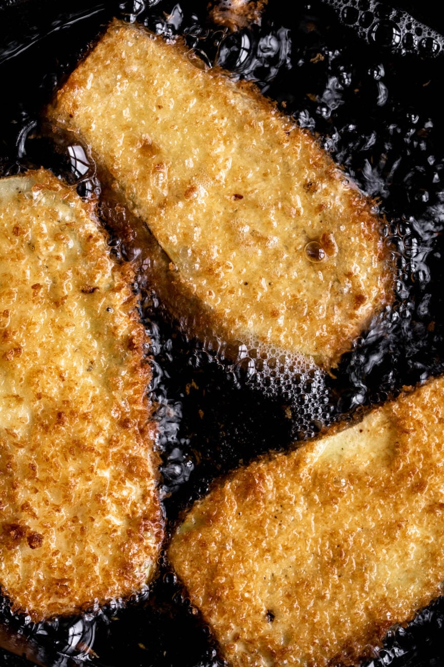 fried eggplant for eggplant parmesan sandwich.