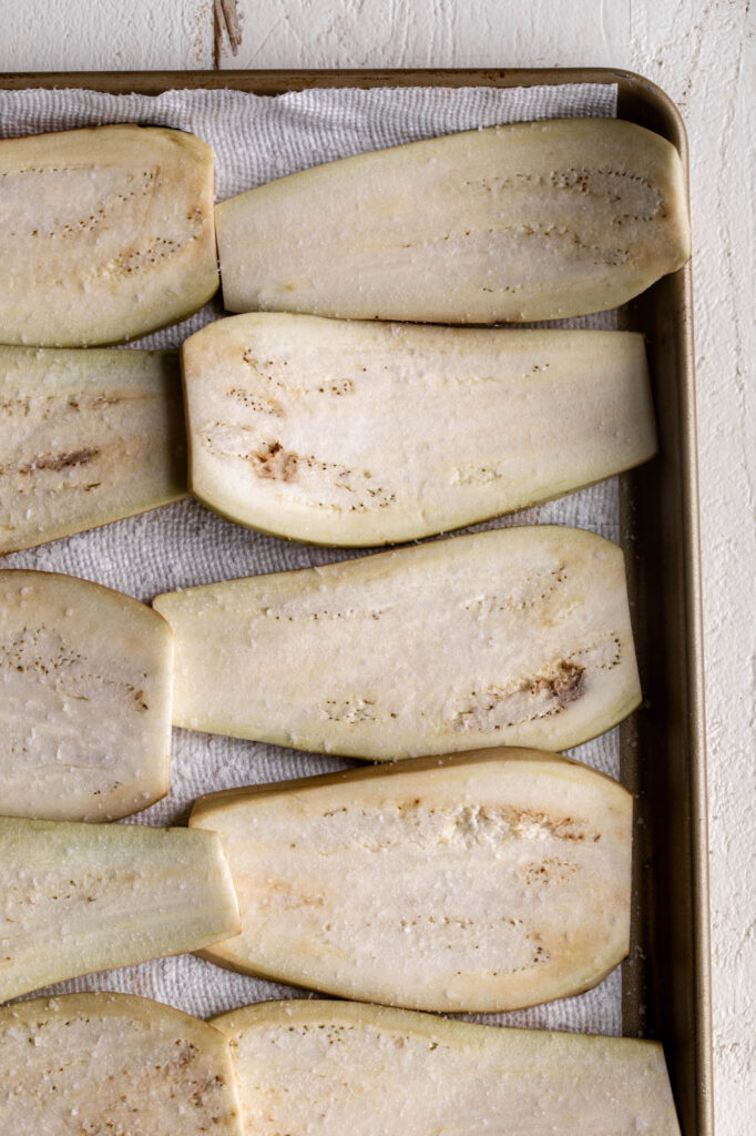 salted eggplant for eggplant parmesan sandwich