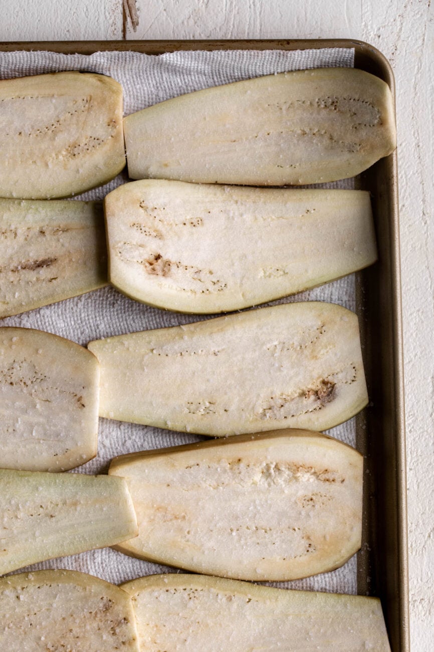 salted eggplant for eggplant parmesan sandwich.