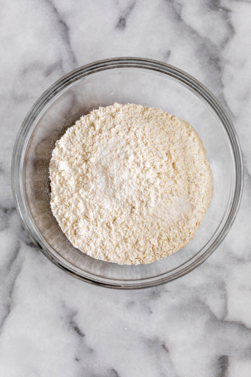 mixed dry ingredients for Lemon Blueberry Cake.
