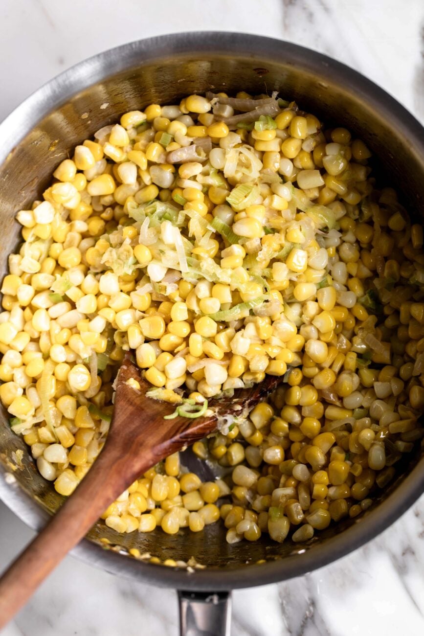 sautéed corn shallots and leek.