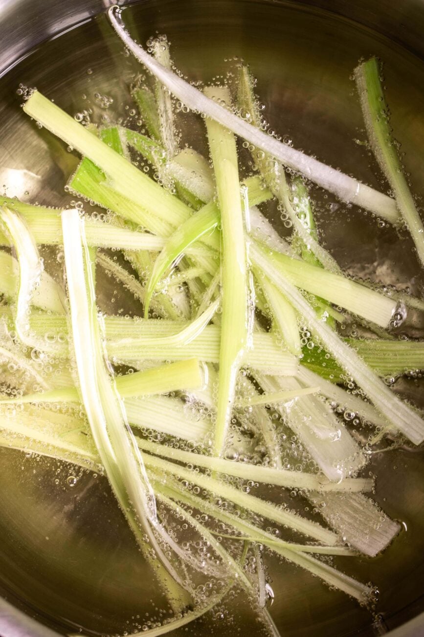 frizzled leeks in oil.