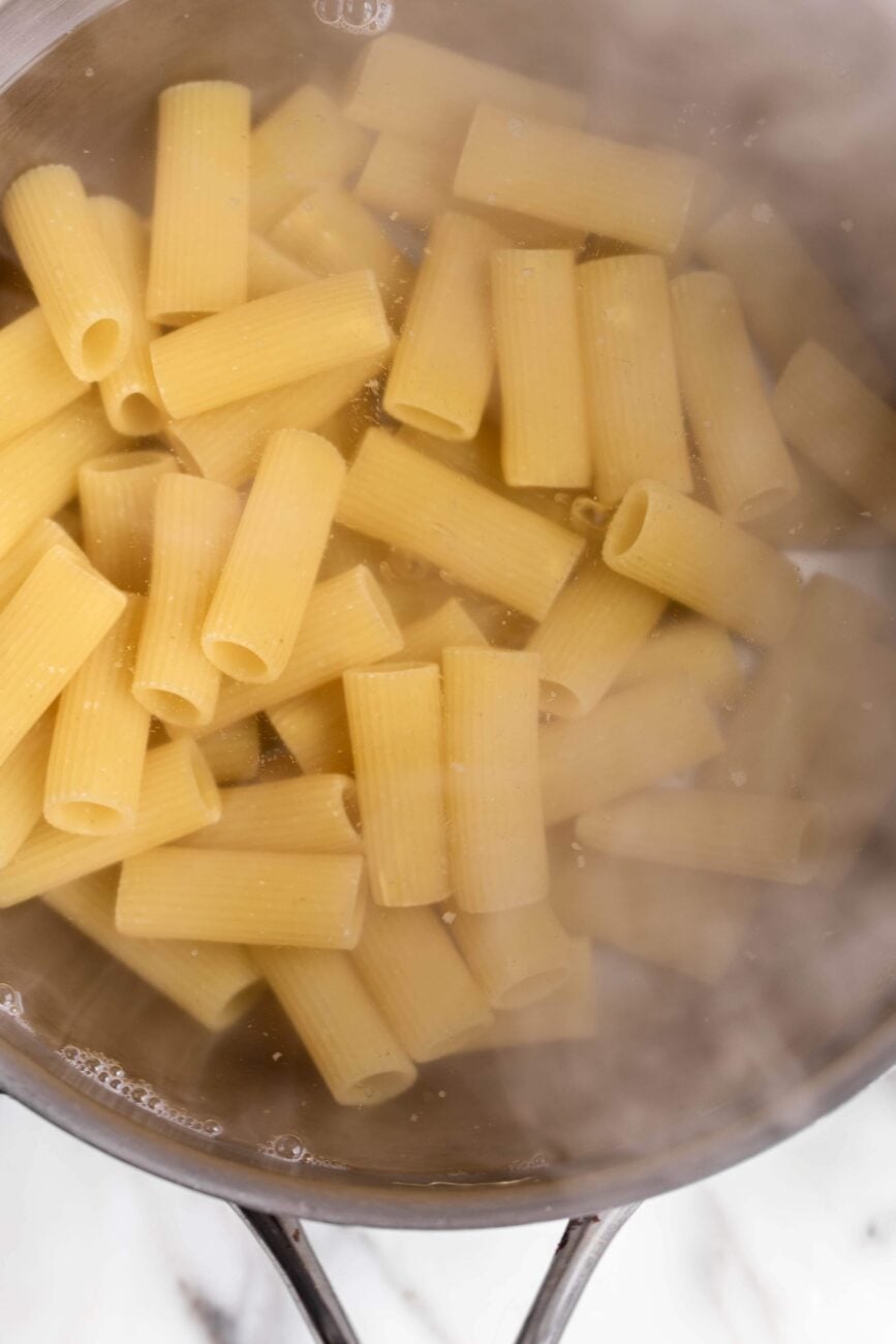 cooked rigatoni noodles.