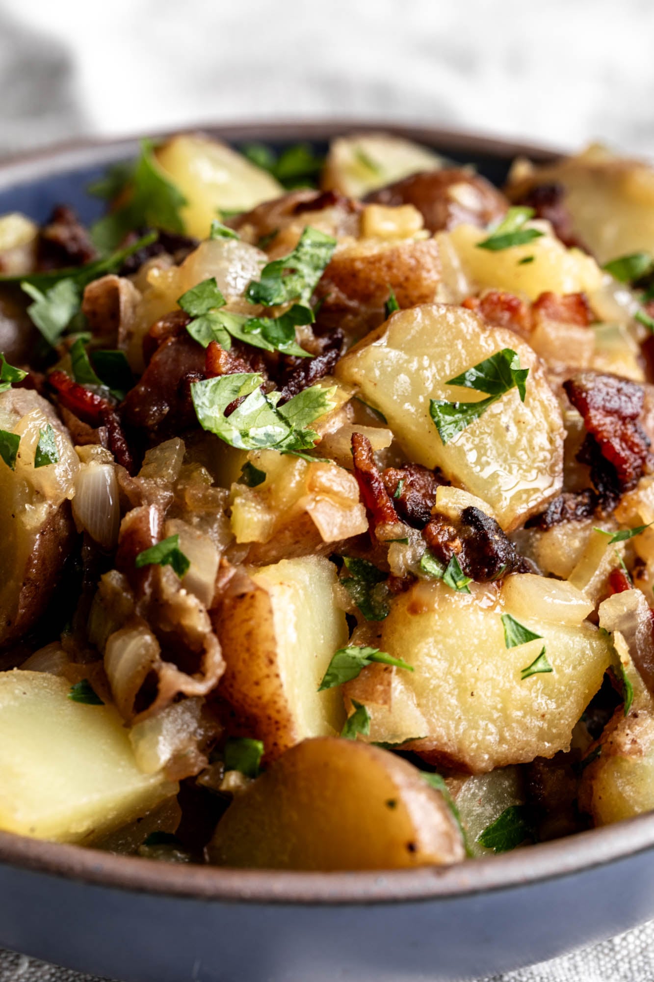 german potato salad with bacon bits close up.