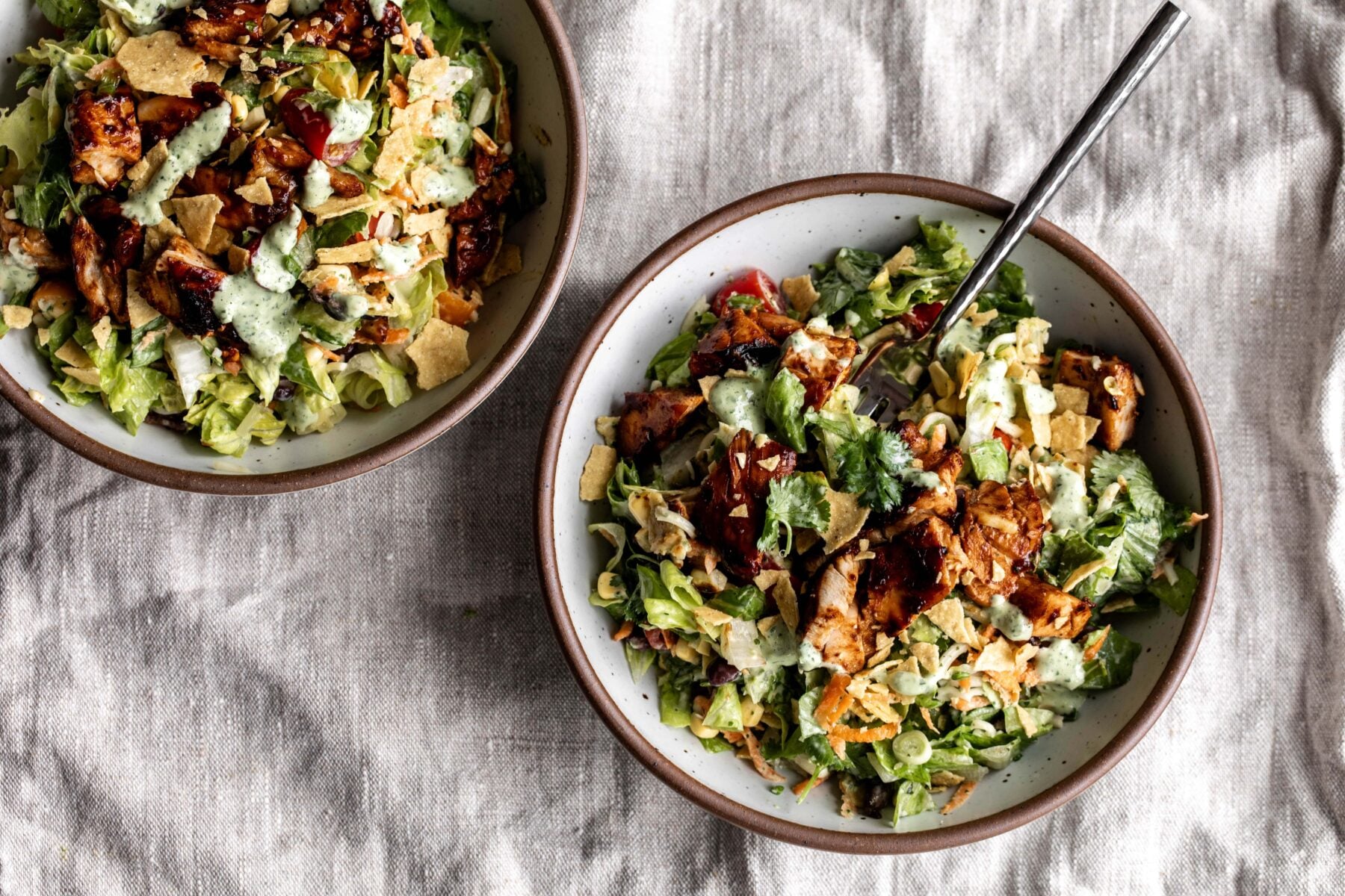 BBQ chicken chopped salad with cilantro ranch dressing.