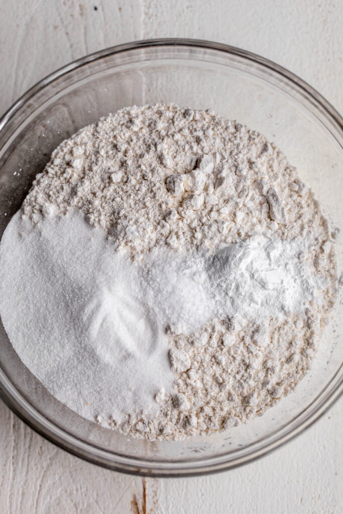 dry ingredients in glass mixing bowl.