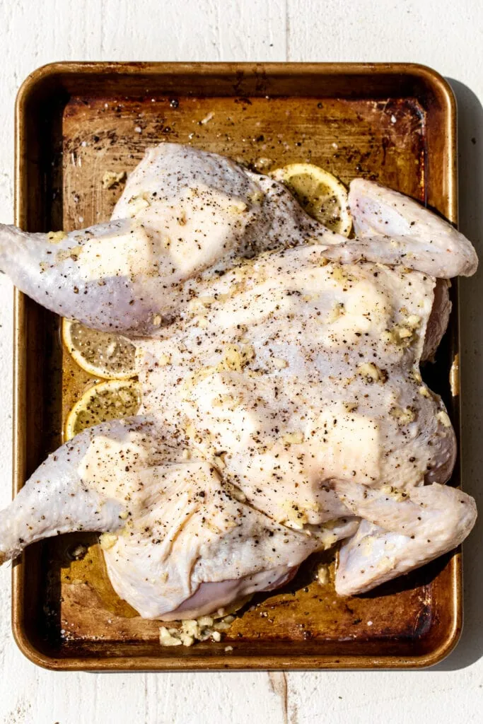 spatchcocked lemon and garlic roast chicken with butter under the skin and lemon slices seasoned with salt and pepper