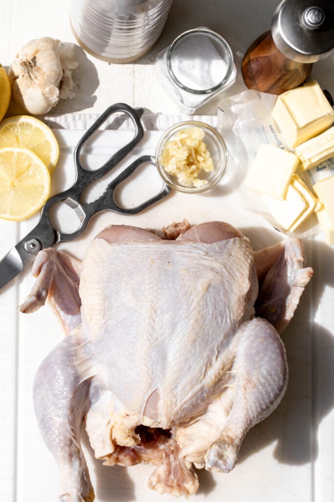 how to spatchcock a chicken with lemon slices and garlic ingredient flatlay
