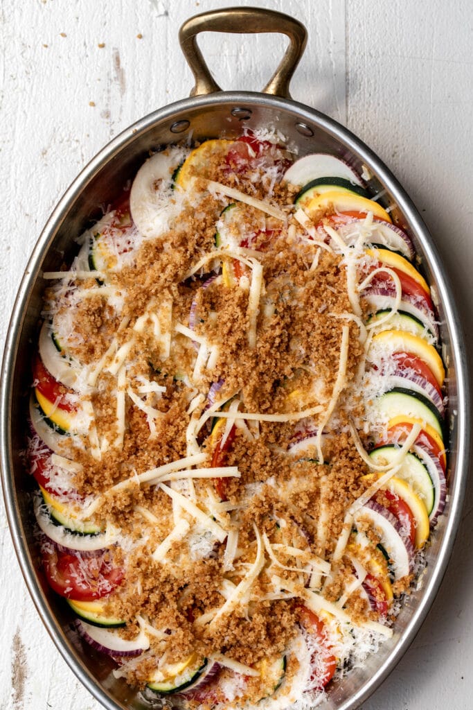 ratatouille gratin with breadcrumbs, gruyere and parmesan cheese.