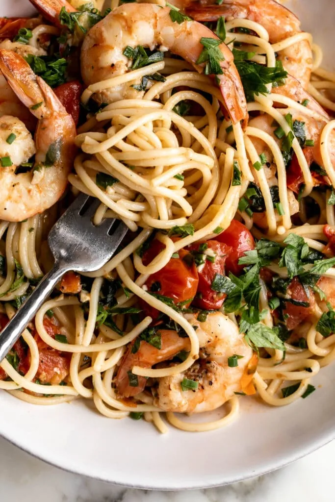 Summer Shrimp Scampi spaghetti around fork.