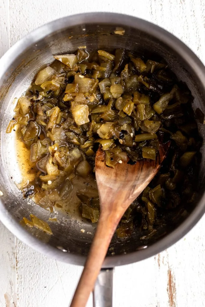 hatch pepper apple chutney simmered in steel pan