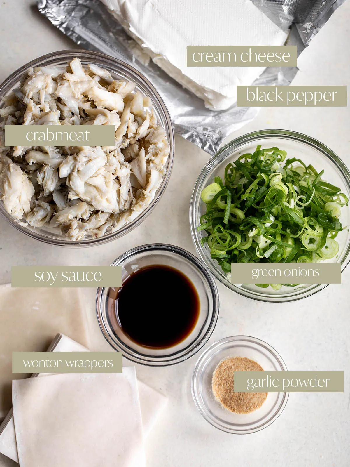 labeled ingredients used to make crab rangoons.