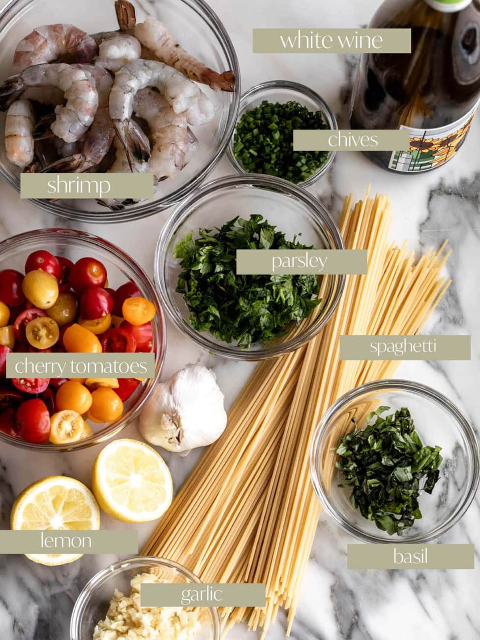 ingredients for Summer Shrimp Scampi Pasta.