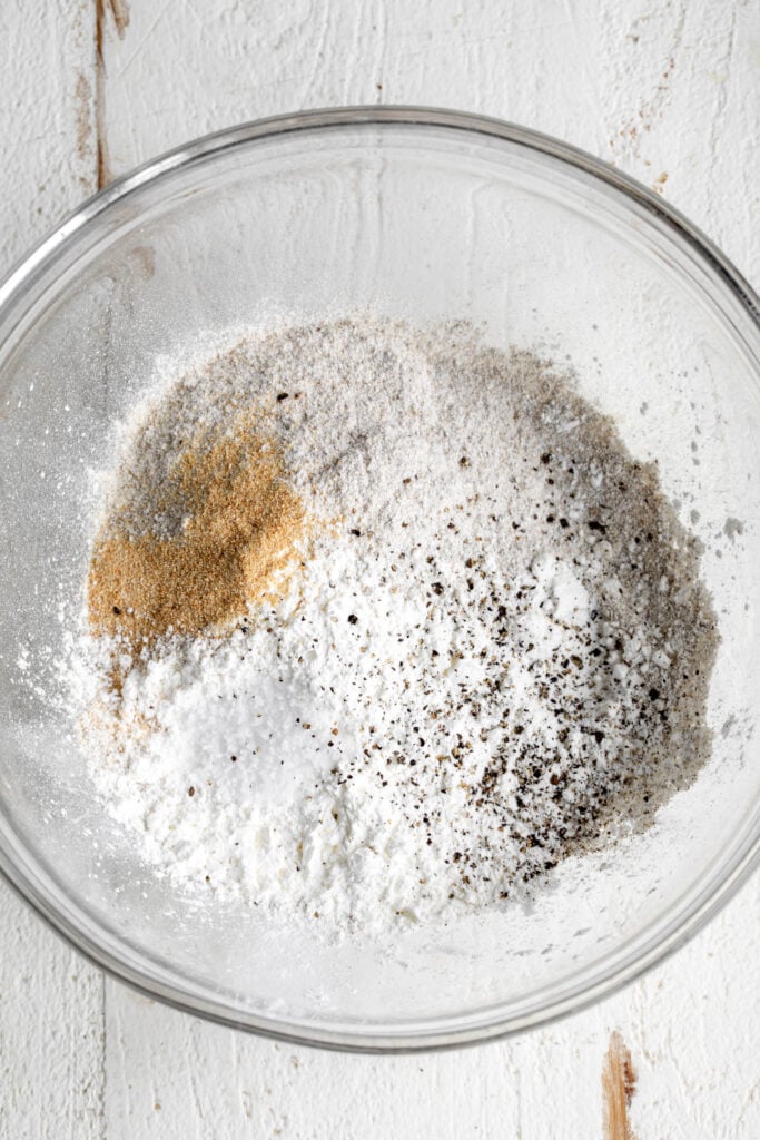 dry ingredients for batter in mixing bowl.