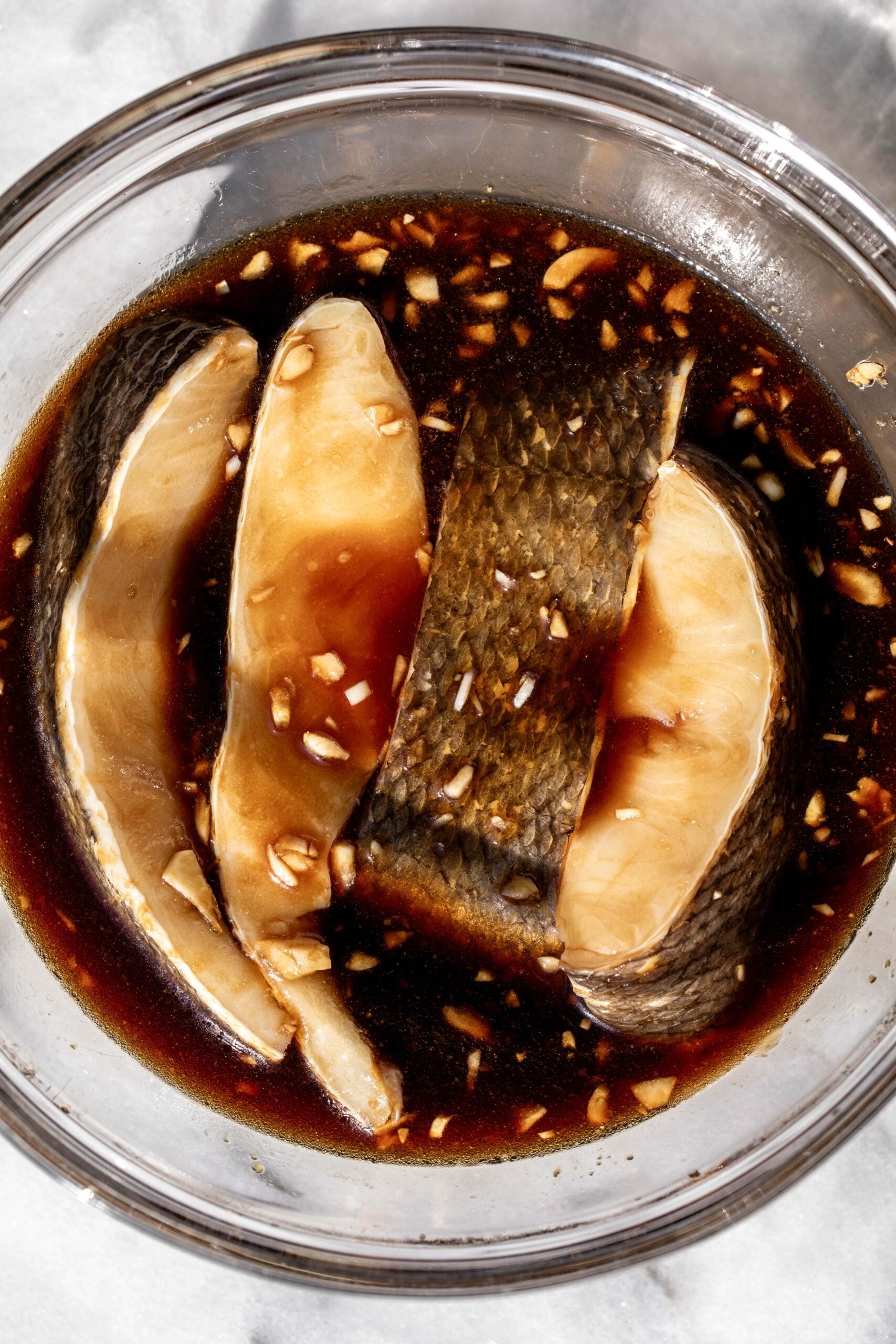 Honey Soy Sea Bass in marinade.