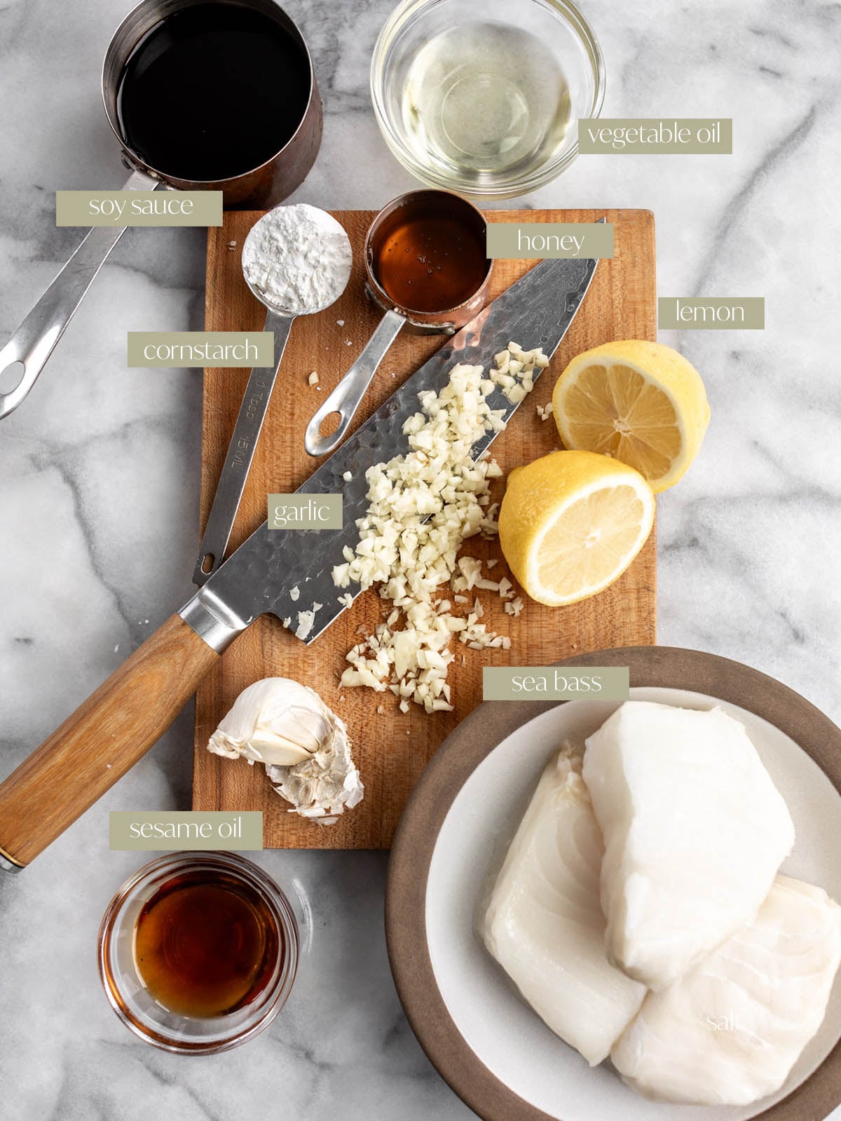 Pan-seared honey soy sea bass ingredients labeled.