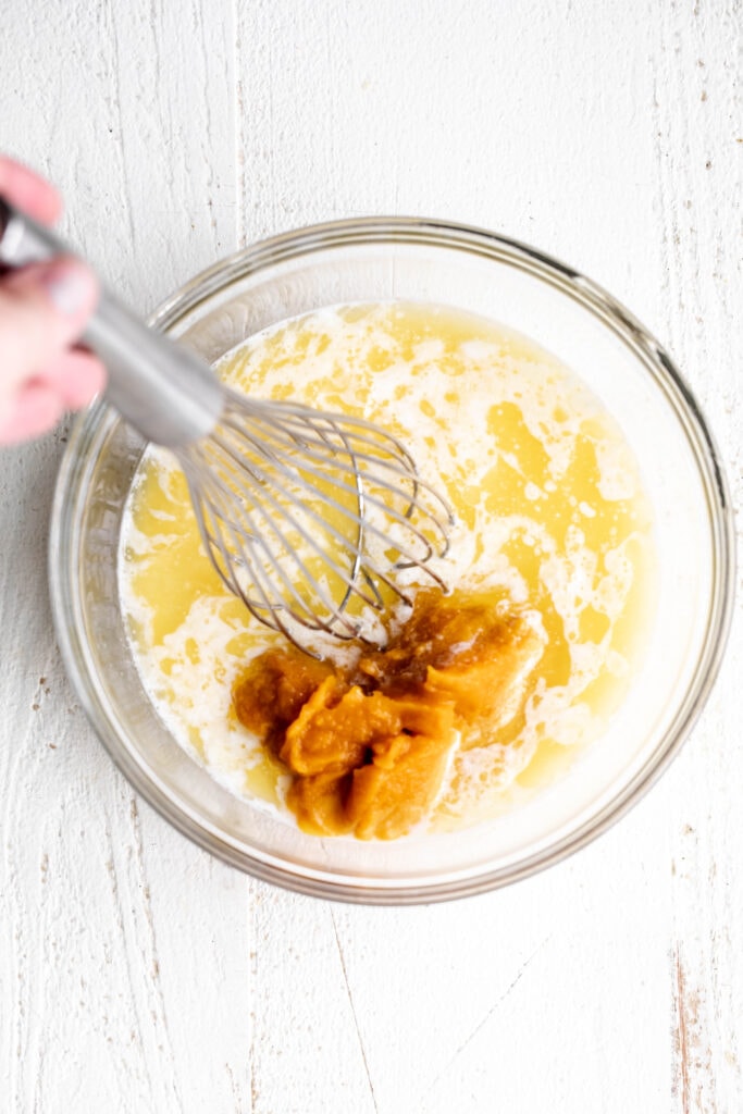 mixed dry and wet ingredients for Pumpkin Waffles.
