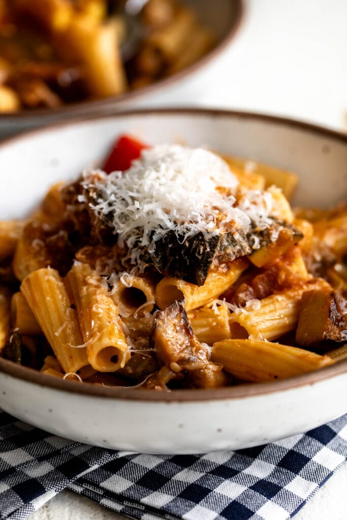 served Ratatouille Pasta topped with parmesan cheese.