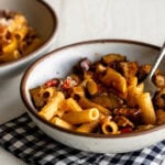 ratatouille rigatoni pasta with vegetables in bowl.