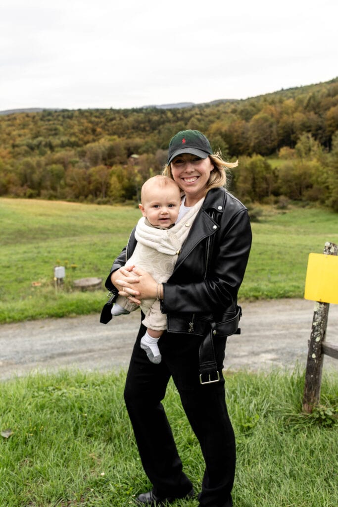 Kylie Mazon-Chambers with her baby in a Getaway in Woodstock, Vermont.
