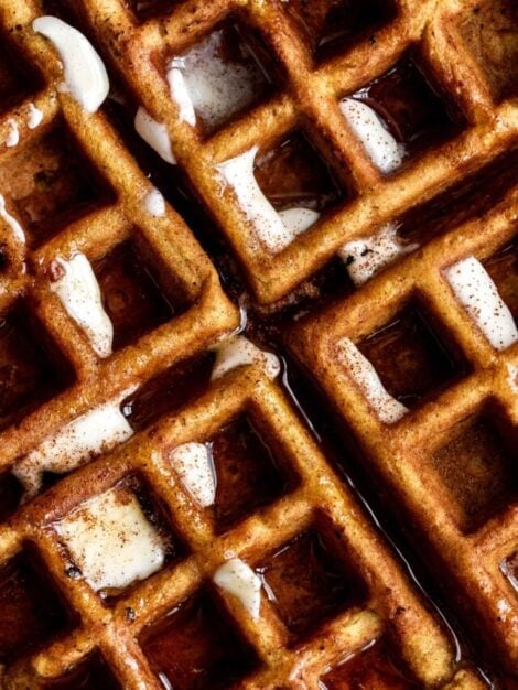 A crisp fall morning breakfast dish. pumpkin waffles are warm & packed with seasonal flavor. spiced waffles made with a sweetened cream cheese in the middle. crispy exterior, fluffy light interior