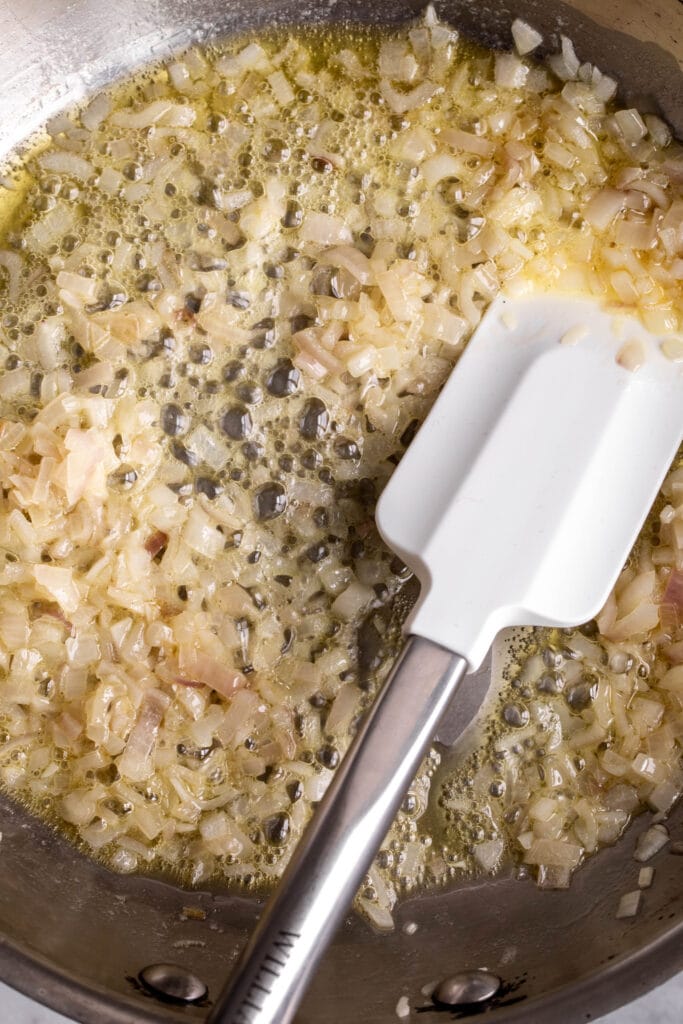 sauted shallot for Gnocchi in Blue Cheese Cream Sauce.