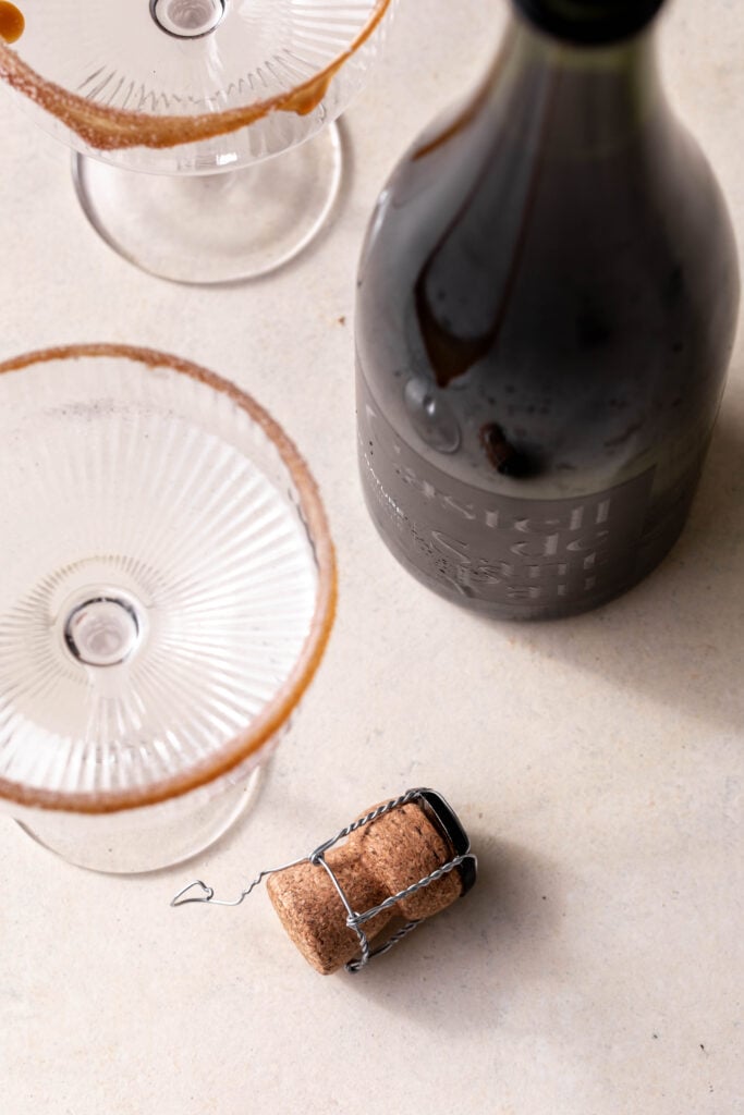 champagne bottle and sugared rim glass.