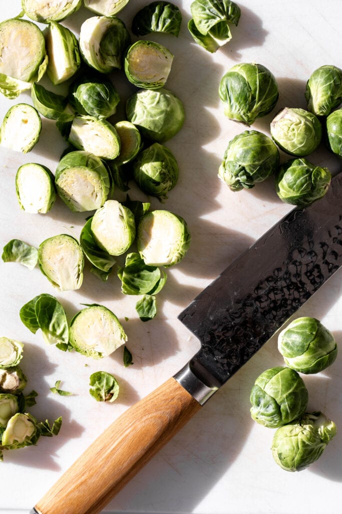 trimmed and halved brussels sprouts
