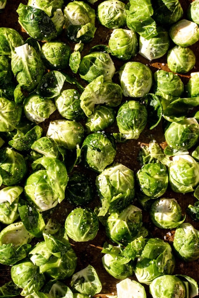 trimmed and halved brussels sprouts tossed in olive oil with salt and pepper.