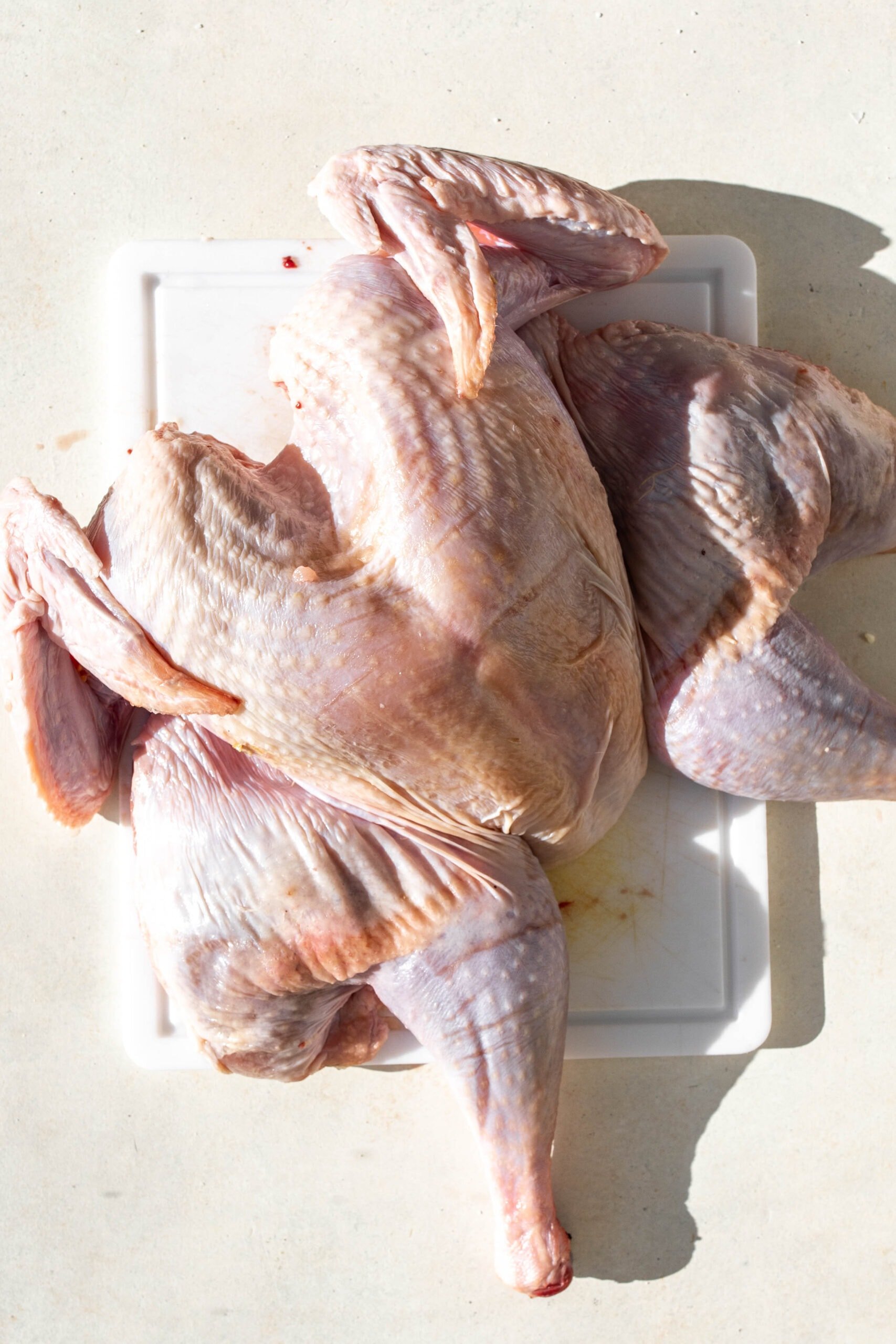 flattened and uncooked turkey for spatchcock turkey.